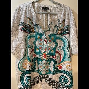 Style & Co turquoise graphic print blouse